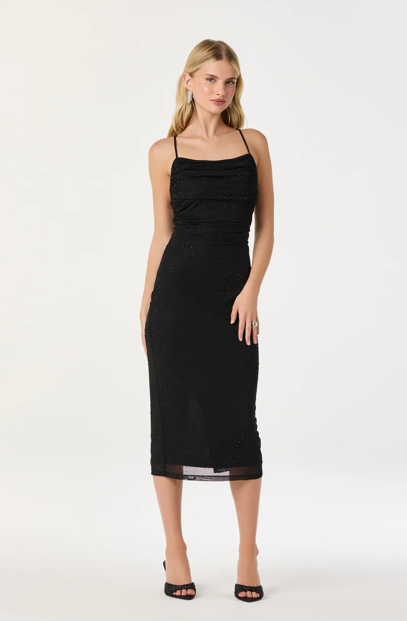 Embellished Rhinestone Ruched Midi Dress