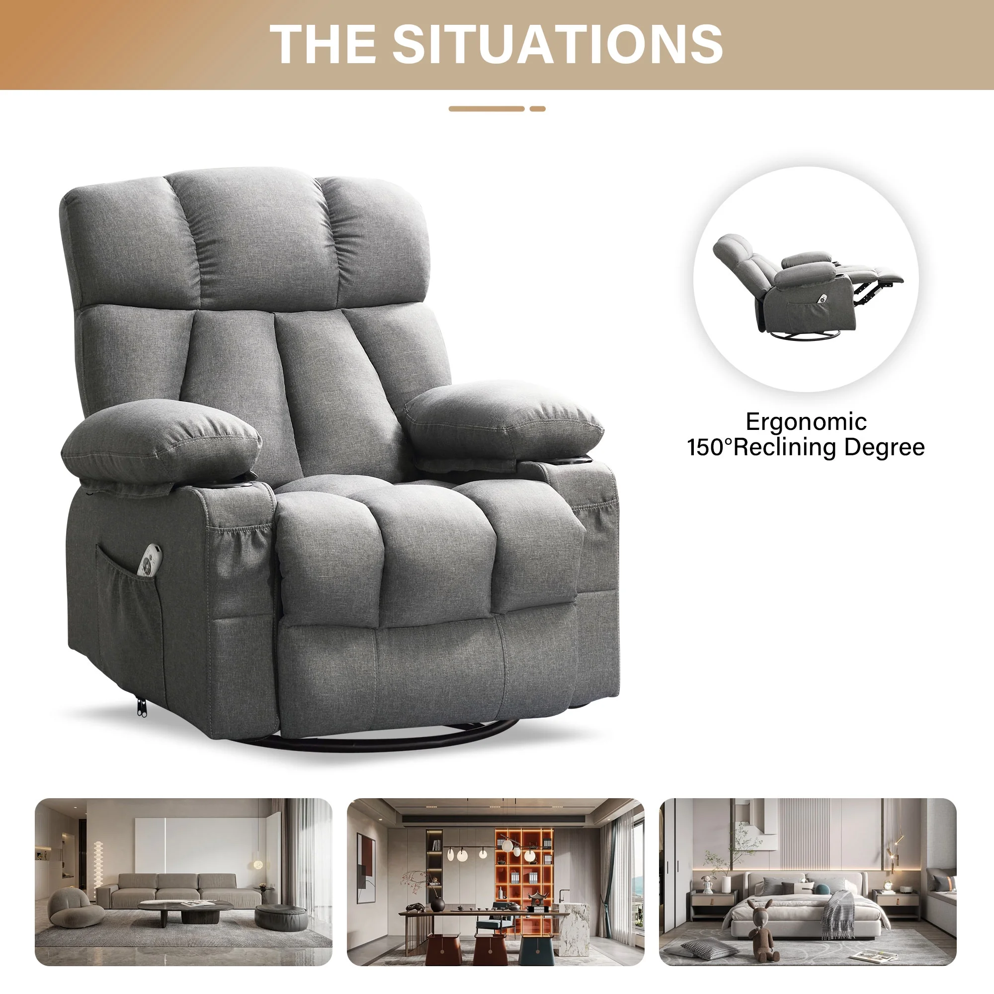 JONPONY Manual Recliner Chair with Heat Therapy and Massage Function, Heavy Duty Reclining Mechanism Massage Chair, Elderly Single Rocker Sofa with Cup Holders for Bedroom Home Theater,Grey - Image 47