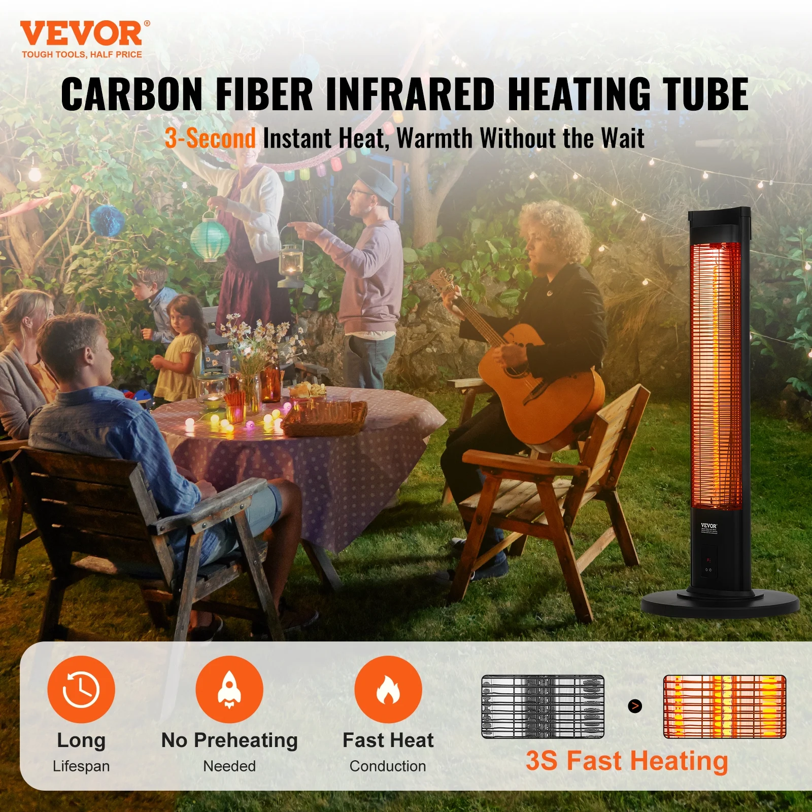 VEVOR Infrared Heater, 1500W Remote Control Electric Space Heater, Patio Heater w/ 3 Speeds & Timer & Tip-Over Protection, Outdoor/Outdoor for Bedroom,Studio,Porch,Dining Room,Studio, Stand,40in L