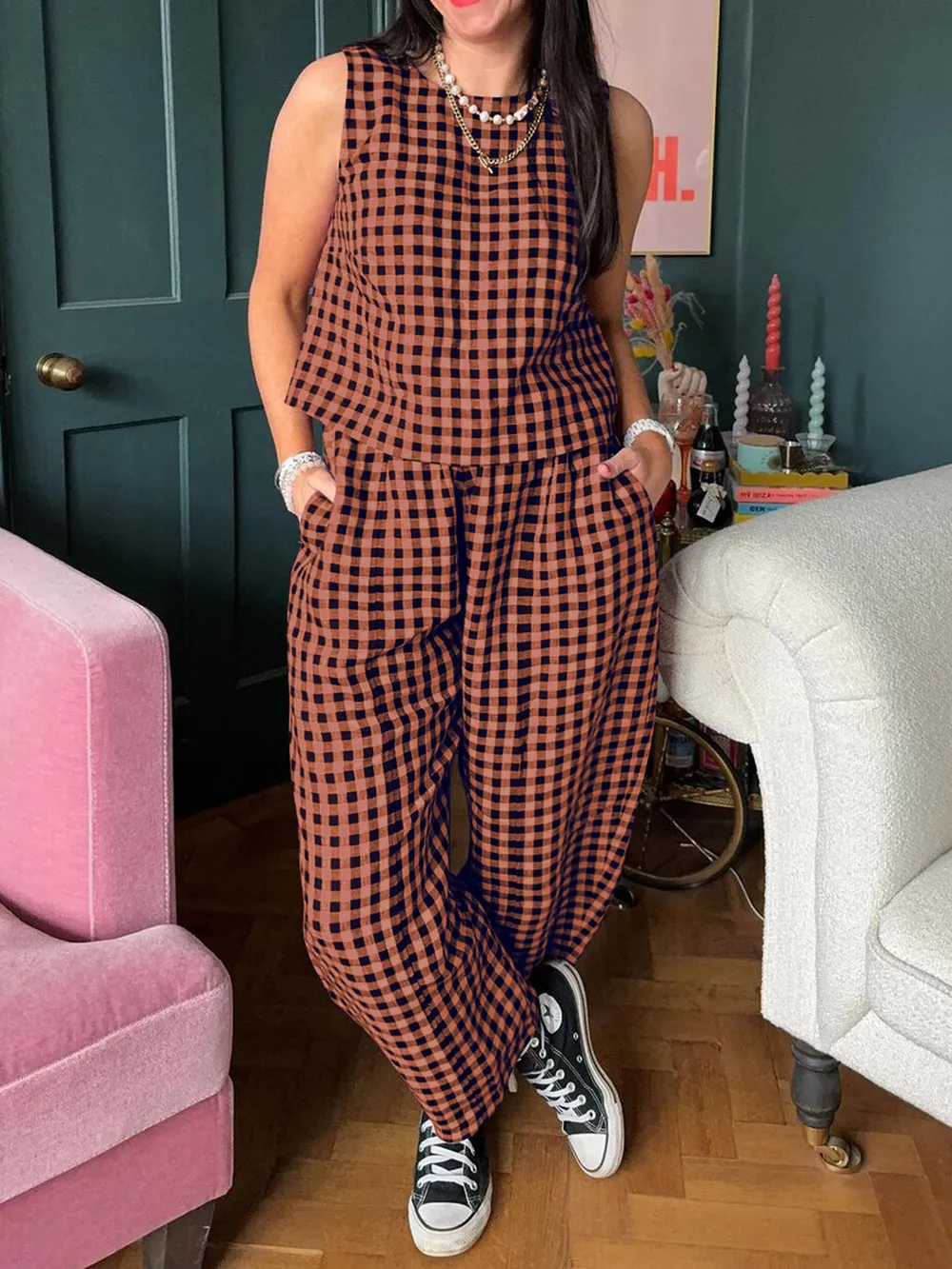 Lovelet Plaid Round Neck Sleeveless Top and Pants Set - ZKZOOK