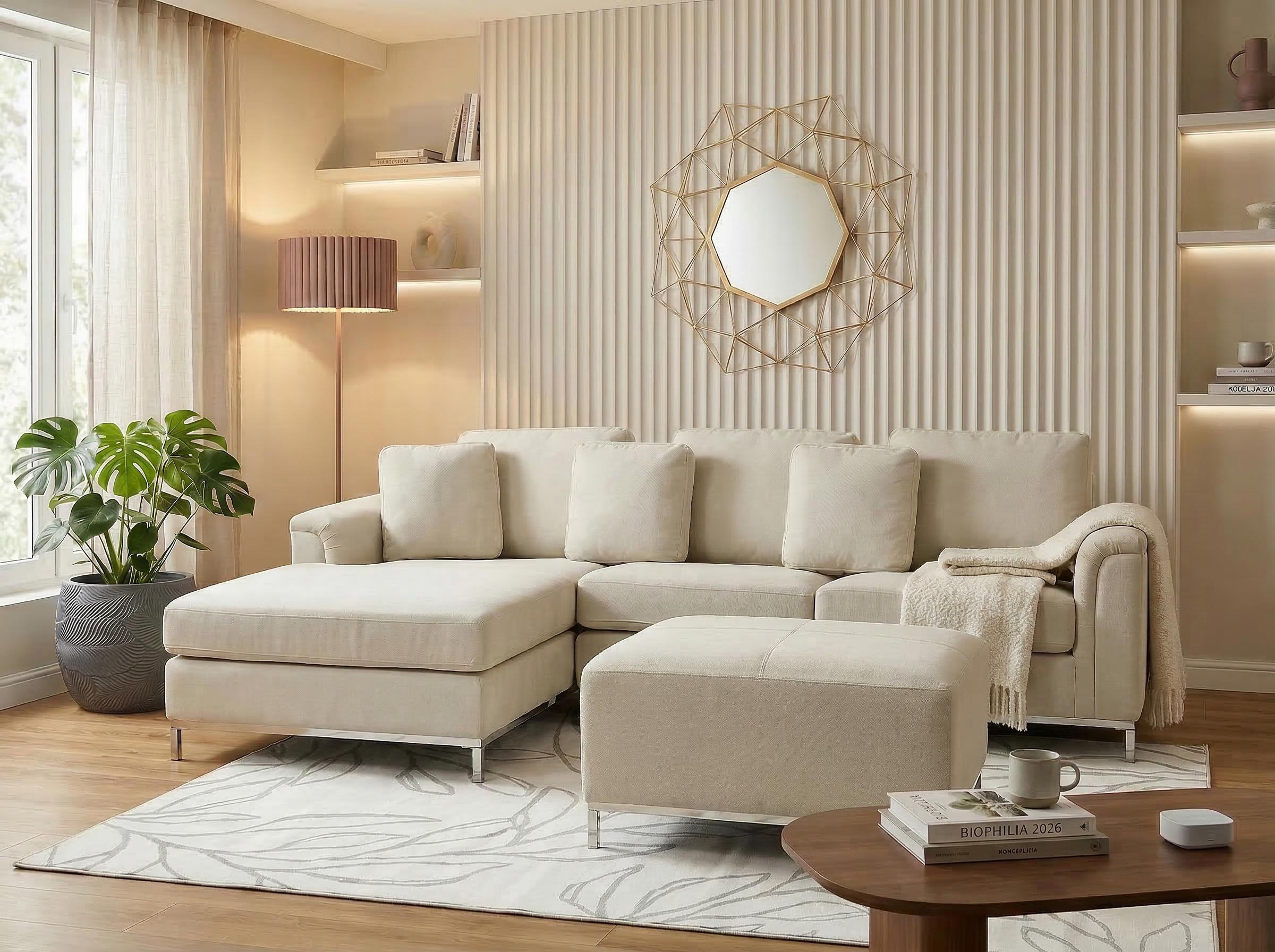 Corner Sofa 5 Seater OSLO Fabric Beige with Ottoman Right Hand