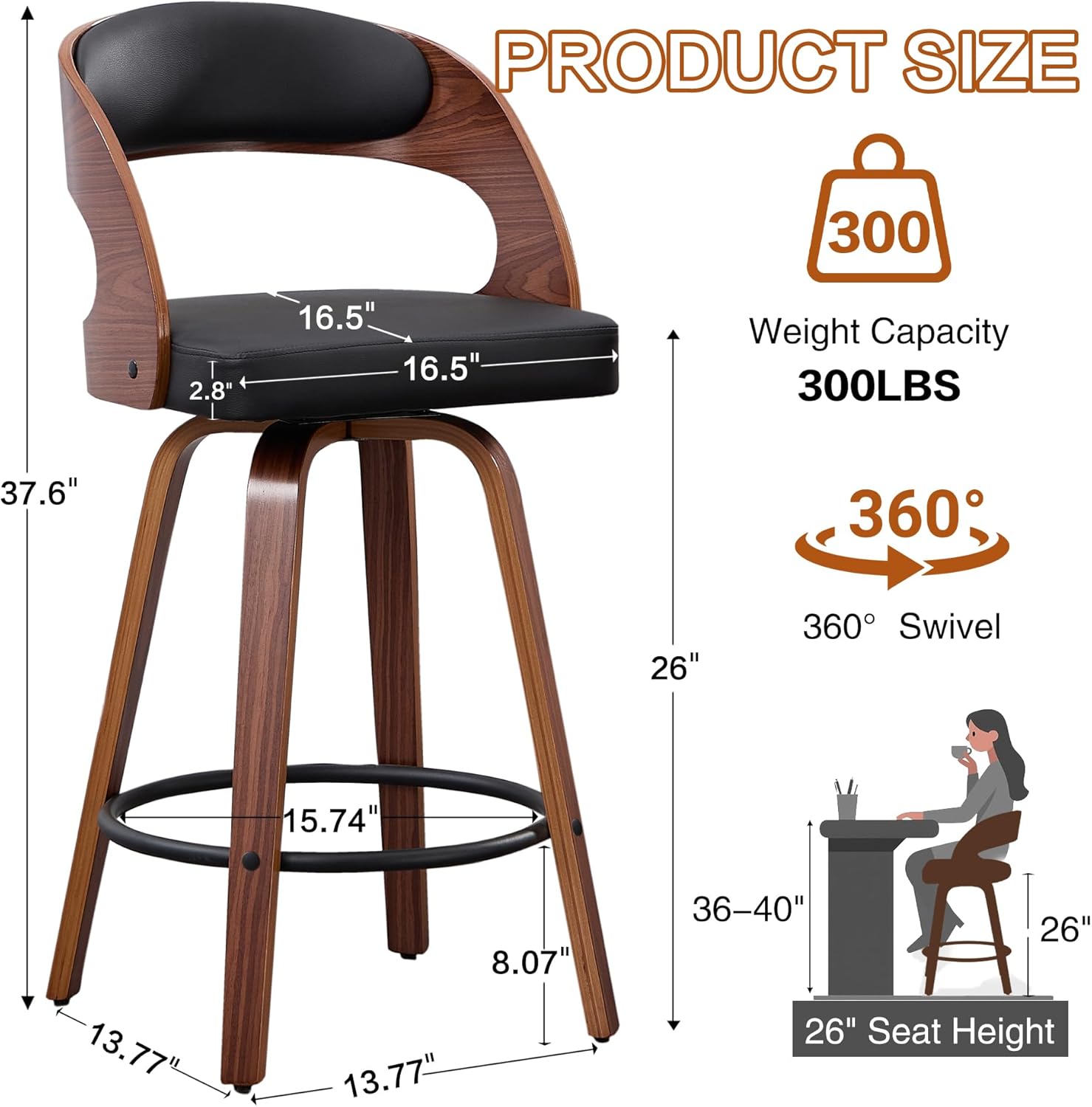 Swivel Bar Stools Set of 2, Walnut Counter Height Bar Stools with Back and Arms, 26