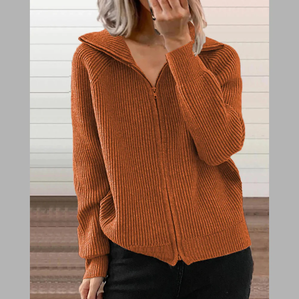 Full Size Ribbed Knit Zip-Up Outerwear Plus Size - ZKZOOK