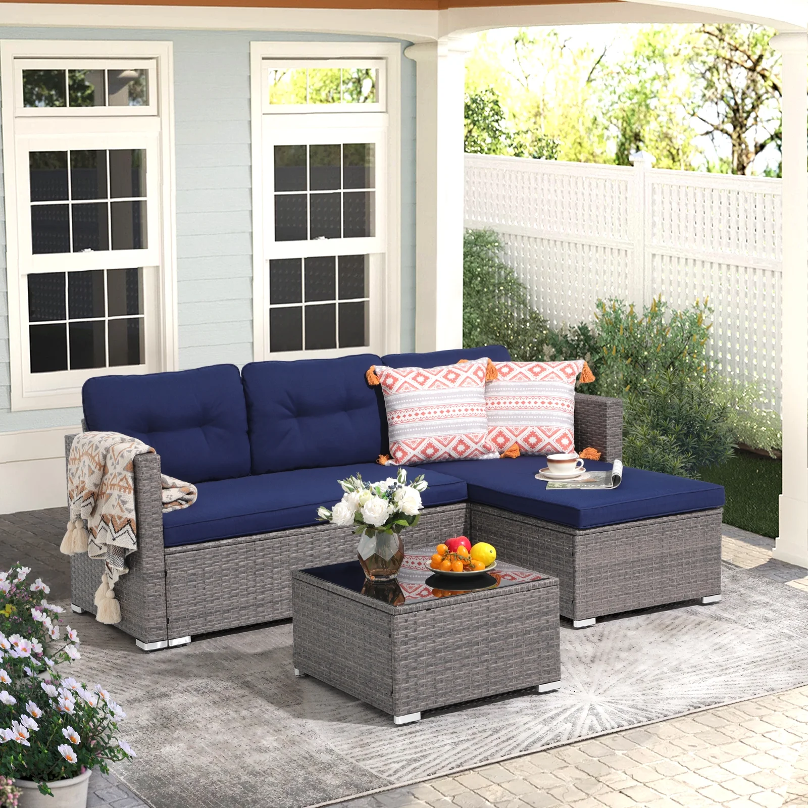 JOIVI 3 Pieces Patio Conversation Set, PE Wicker Rattan Outdoor Furniture Set, 2 Ways Small Sectional Sofa, Tempered Glass Coffee Table, Silver-Gray - Image 33