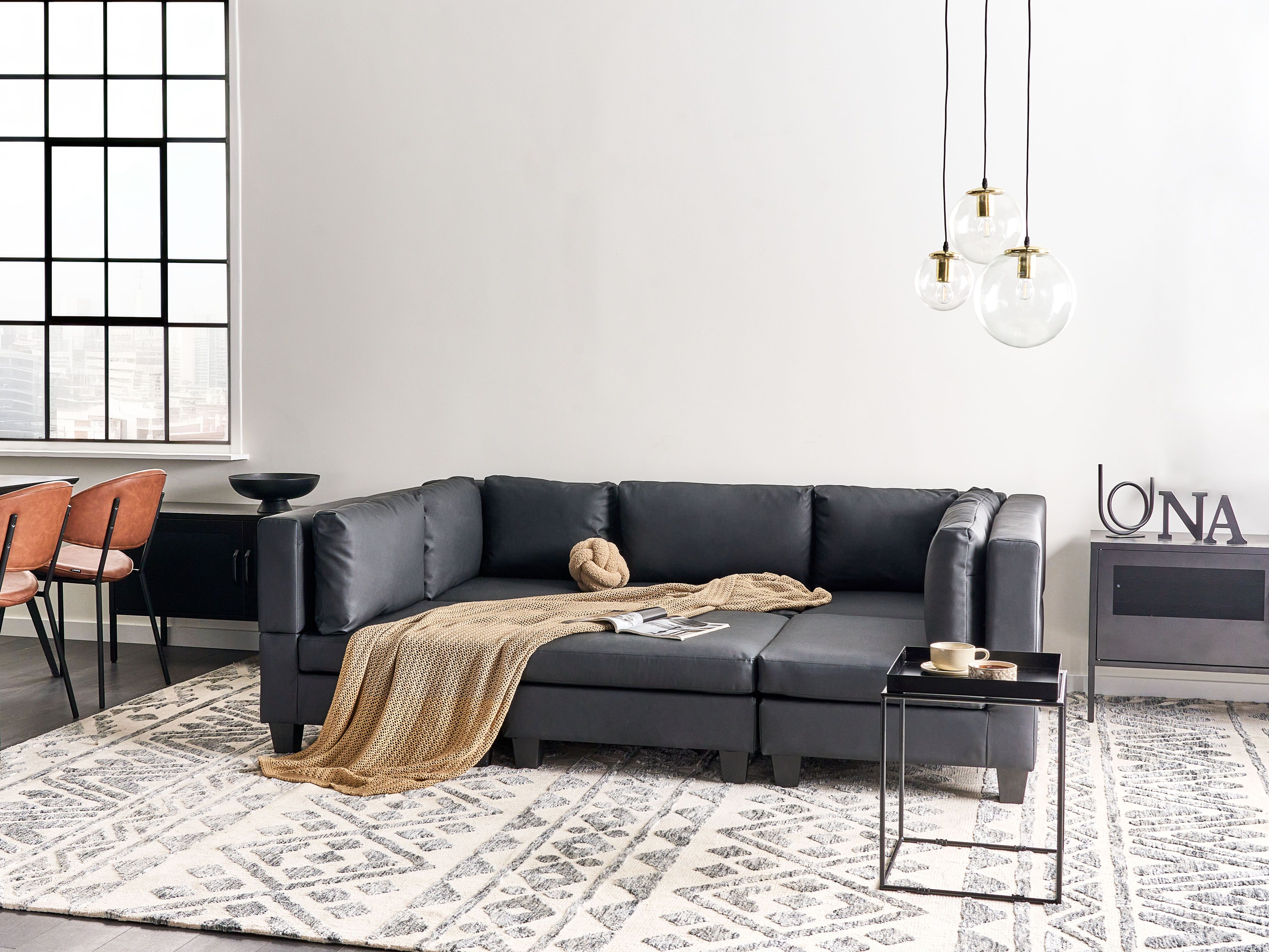 Modular U-Shape Sofa 5 Seater UNSTAD Faux Leather Black