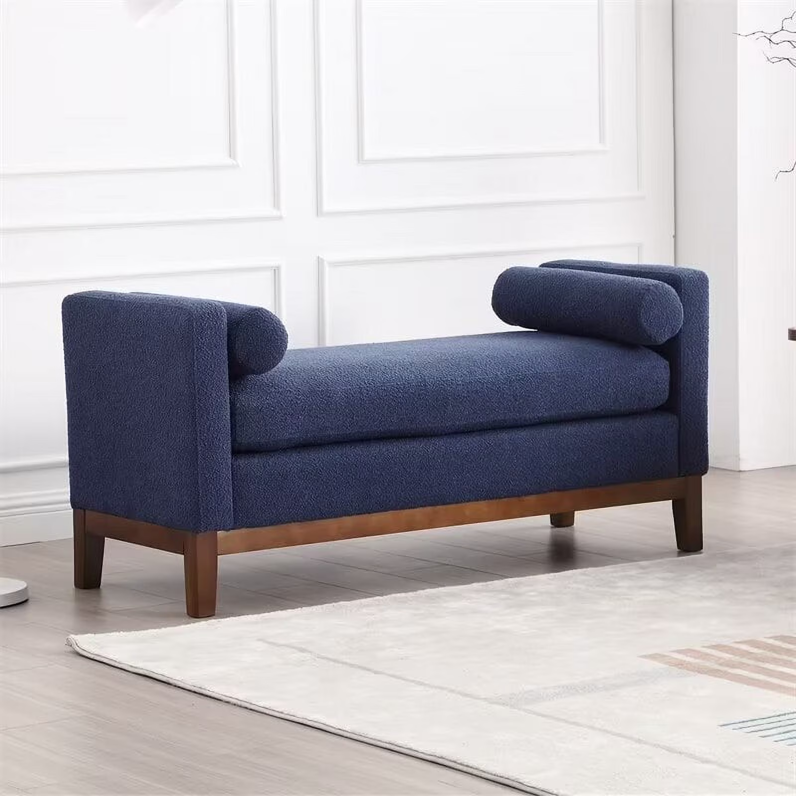 End of Bed Bench, 53.5" Boucle Fabric Upholstered Entryway Bench with Wood Legs & Bolster Pillows, Rolled Arm Cushioned Ottoman Foot Rest Long Stool Window Extra Seating for Bedroom, Ivory - Image 7