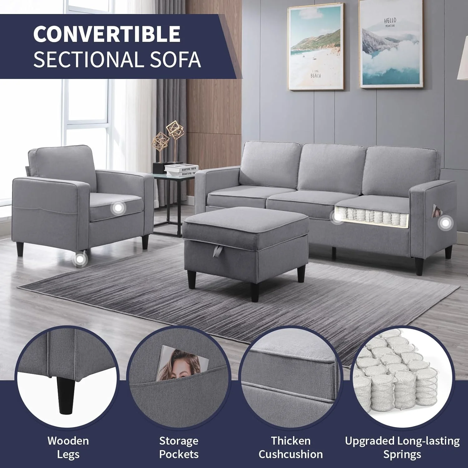ijuicy Sectional Sofa Set,3PCS Living Room Furniture Couch Sets with Movable Storage Ottoman & Side Pockets,Include Sofa,Loveseat&Chair,Dark Gray - Image 11