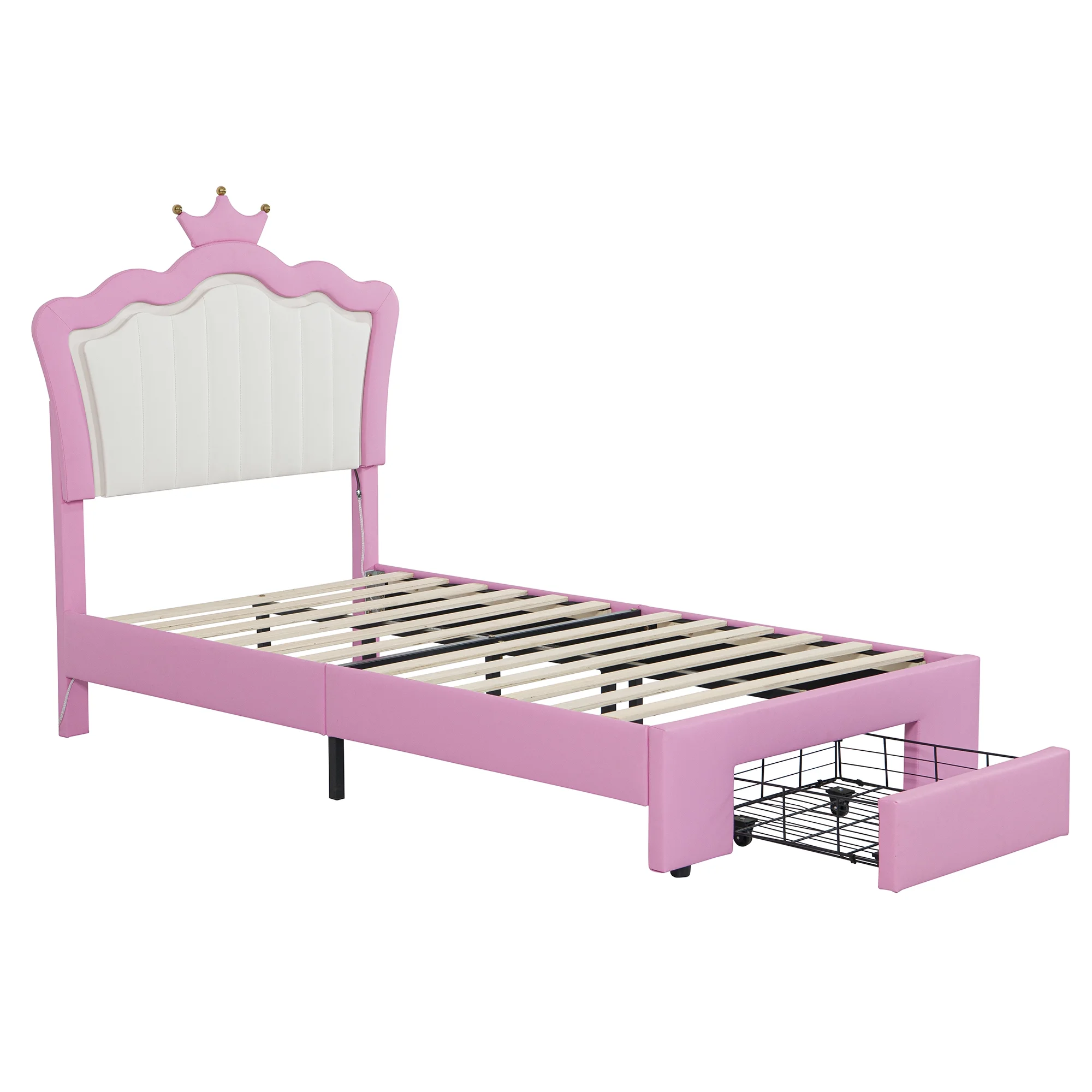 Miniyam Upholstered Twin Size Bed with LED Lights, Crown Headboard for Kids, Pink - Image 5
