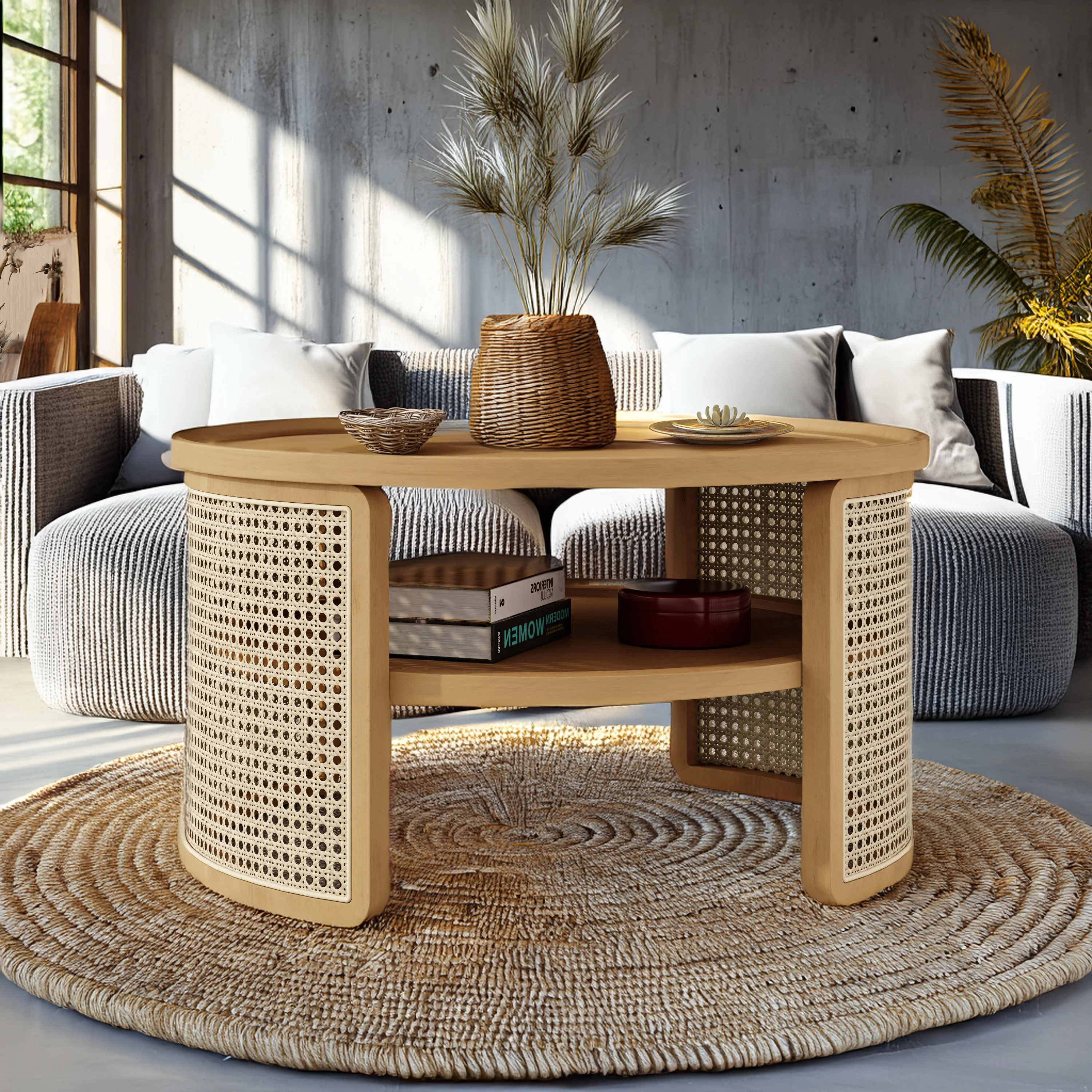Harper & Bright Designs Rattan Round Coffee Table with Storage Shelf, Round Cane Wood Center Table for Living Room, 37'' Brown - Image 42