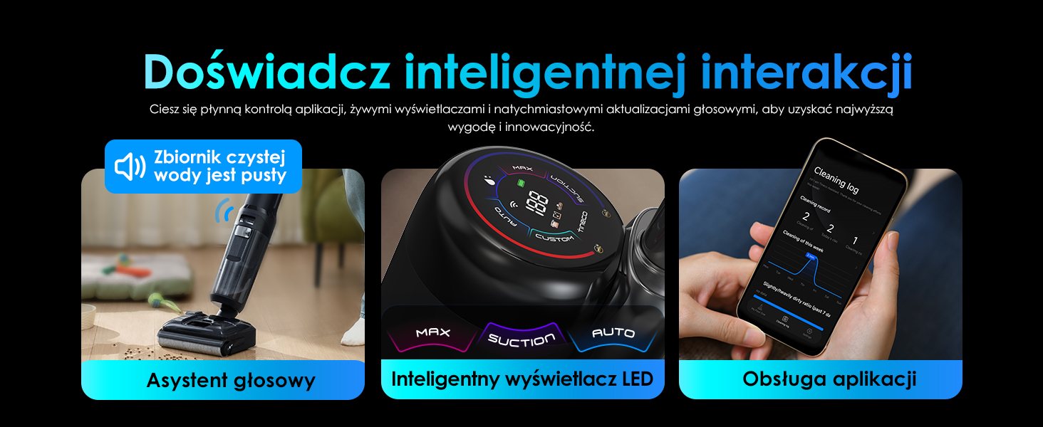 Tekst brzmi „Doświadcz Inteligentnej Interakcji”. Interaktywne panele demonstracyjne produktów pokazujące funkcje smartfona w niebieskich kolorach akcentu.
