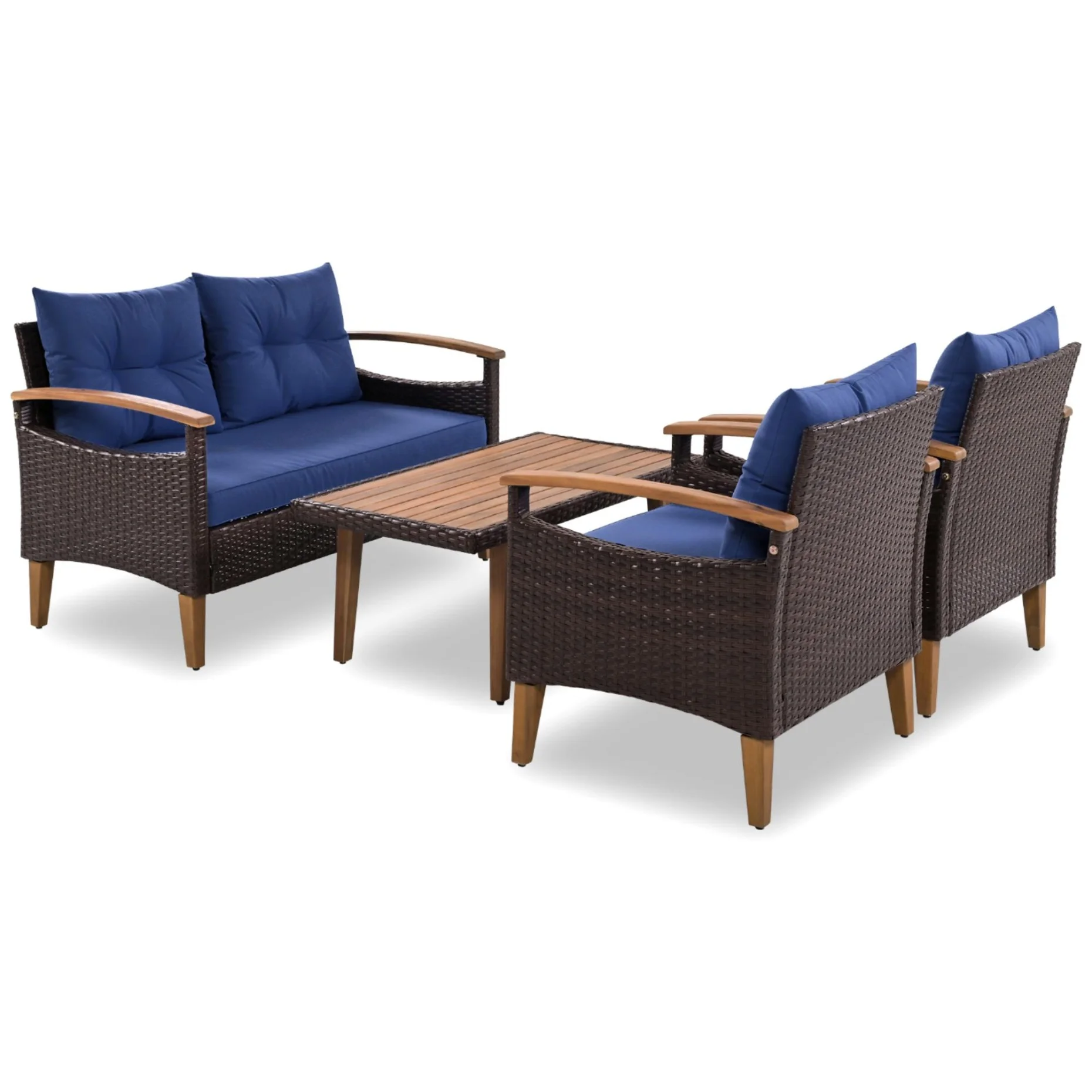 4 Piece Garden Furniture Set, Patio Seating Set with Wood Table, PE Rattan Sofa and 2 Chairs, Outdoor Conversation Set with Table Cover, Pillows and Adjustable Feet, Brown+Beige - Image 17