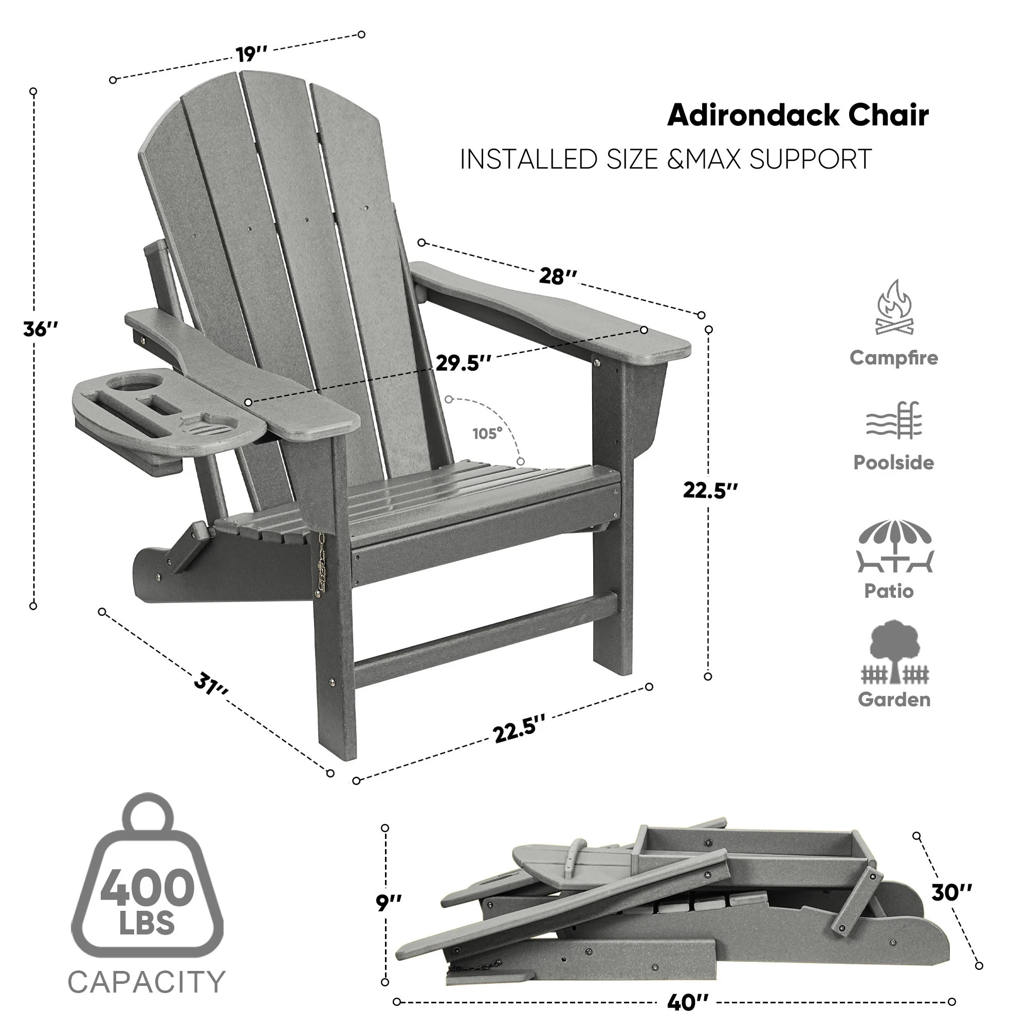 FOOWIN HDPE Plastic Adirondack Chairs Set of 4, Black - Image 15