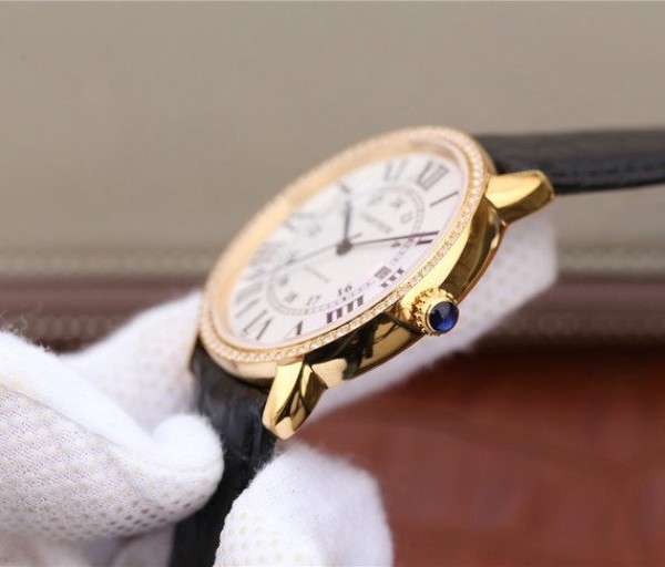 Replica Cartier Ronde De Cartier YG White Dial Diamonds Bezel Croco Strap A2892 - Top club
