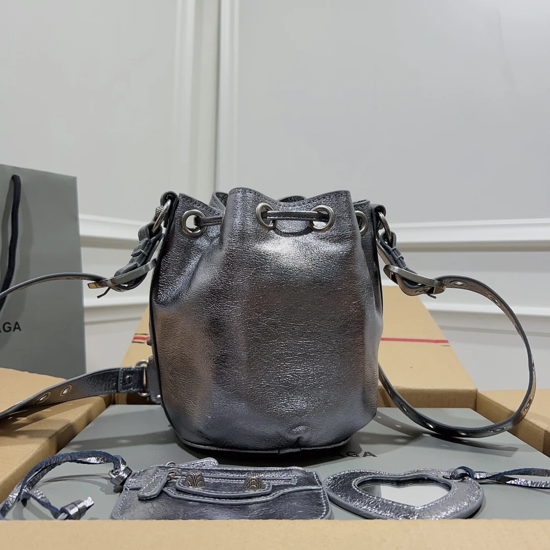 Metallic Black Balenciaga Bucket Bag with Adjustable Straps and Matching Pouch for Stylish Functionality Style No.3032 - Replicaclubs