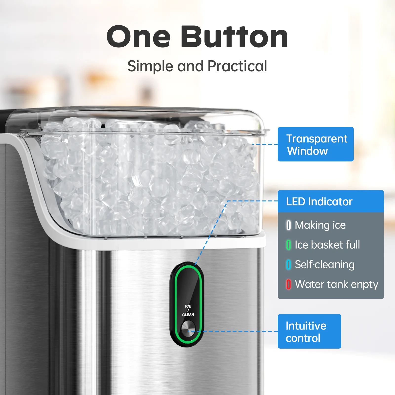 Philergo Nugget Ice Maker Countertop, Pebble Ice Maker Machine with Self-Cleaning, 35lbs/24hr, Soft Chewable Pellet Ice Maker for Home, Kitchen, Stainless Steel