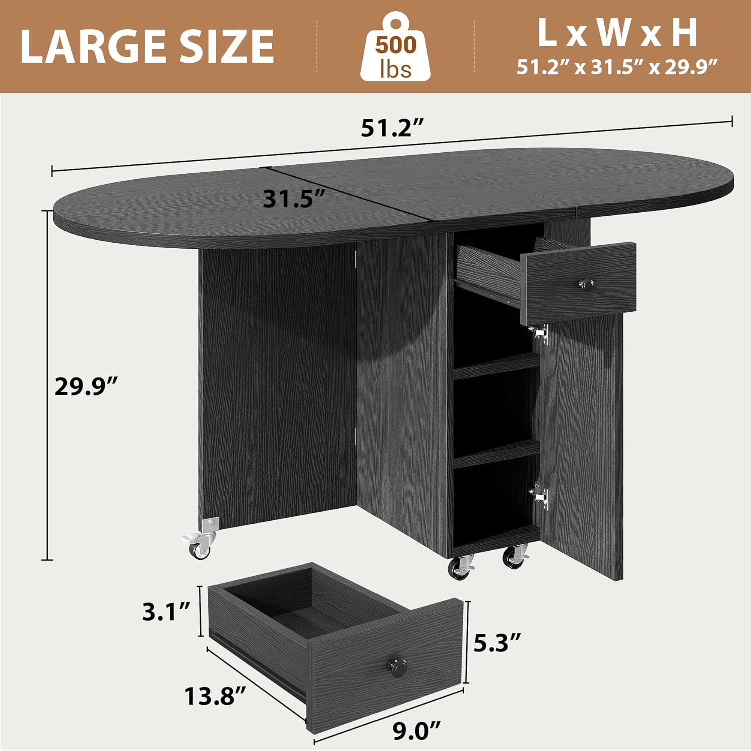 Jocoevol Round Folding Dining Table for 6, Space Saving Drop Leaf Kitchen Table with Storage Drawer, 6 Wheels Oval Gateleg Foldable Dining Table for Small Spaces (Black, 51