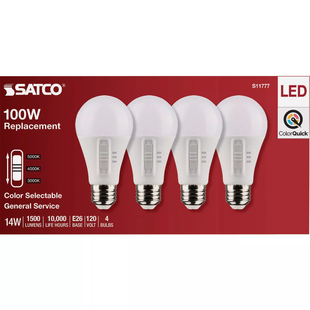 Satco 100W Equivalent 3CCT-Selectable A19 Traditional LED Light Bulb (4-Pack)