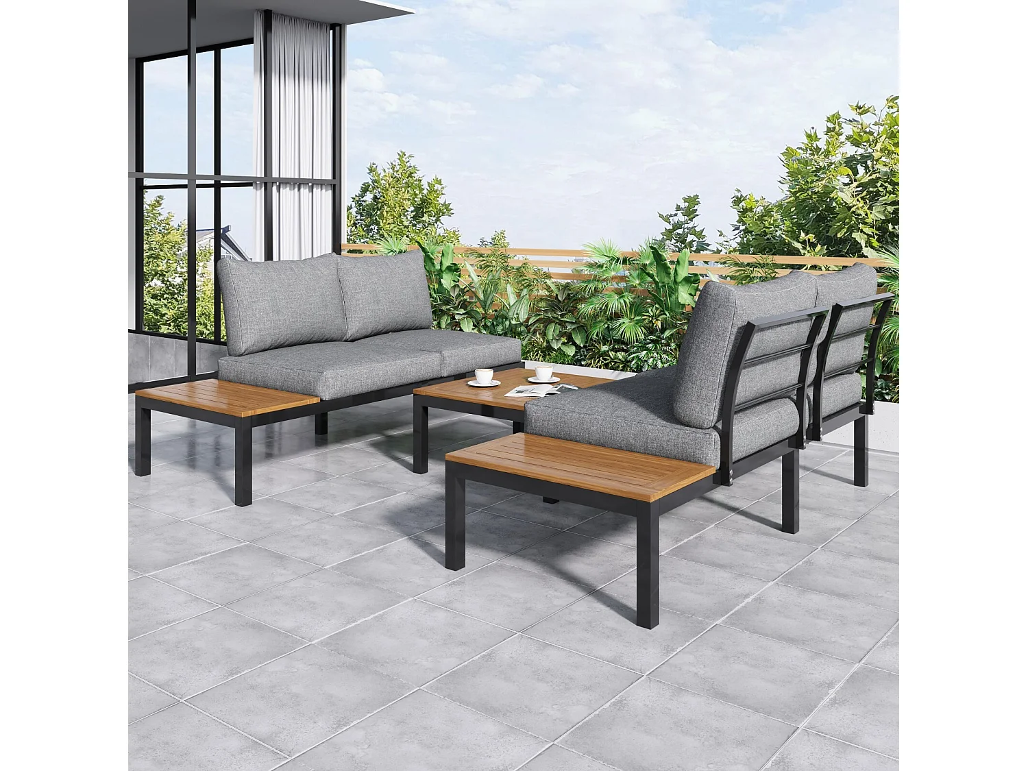 Salon de jardin en acier galvanisé, table basse et canapé modulable, pieds réglables, coussins gris