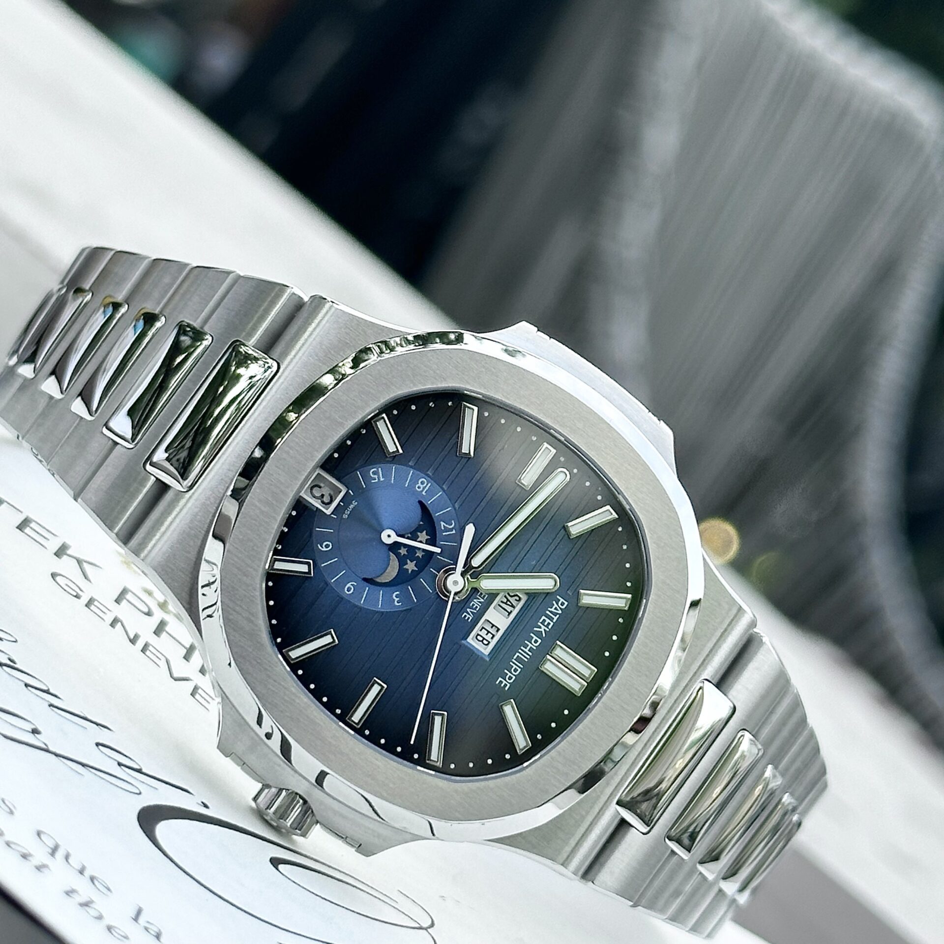 Patek Philippe Nautilus 5726 Replica 1:1 Watch Blue Dial Metal Strap PPF Factory 40.5mm - Elite Watch Atelier