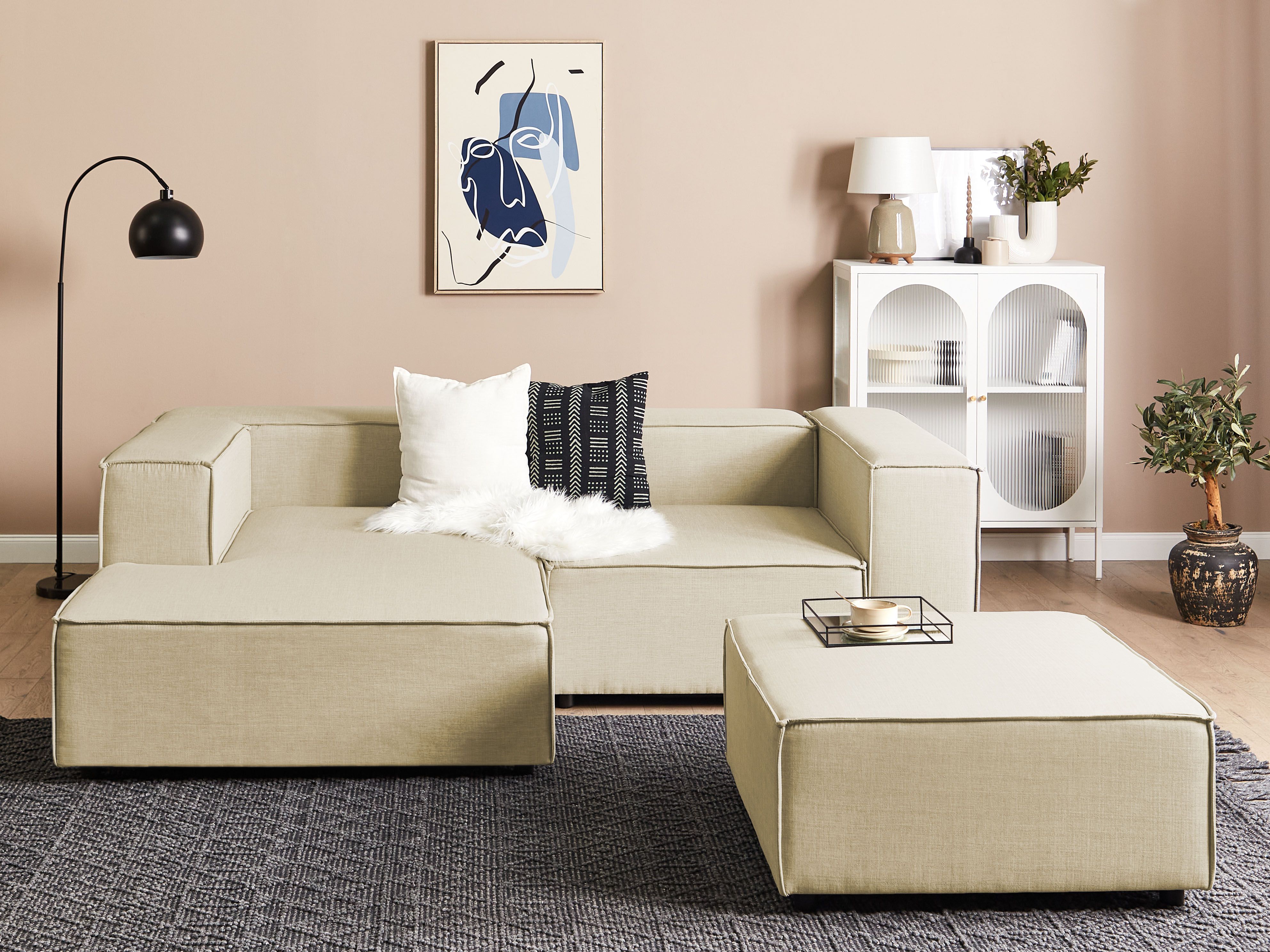 Modular Corner Sofa 2 Seater APRICA Faux Linen Beige with Ottoman Right Hand