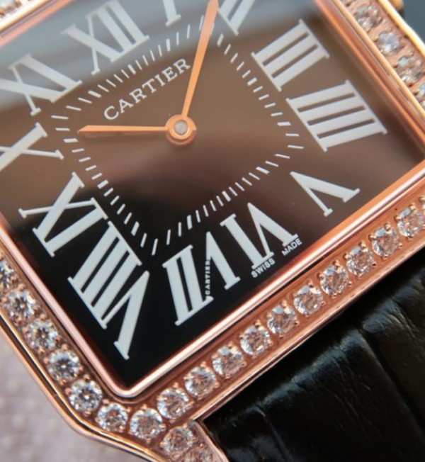 Replica Cartier Santos WH100751 Diamond RG Black Dial Leather Strap A9015 - Elite Watch Atelier