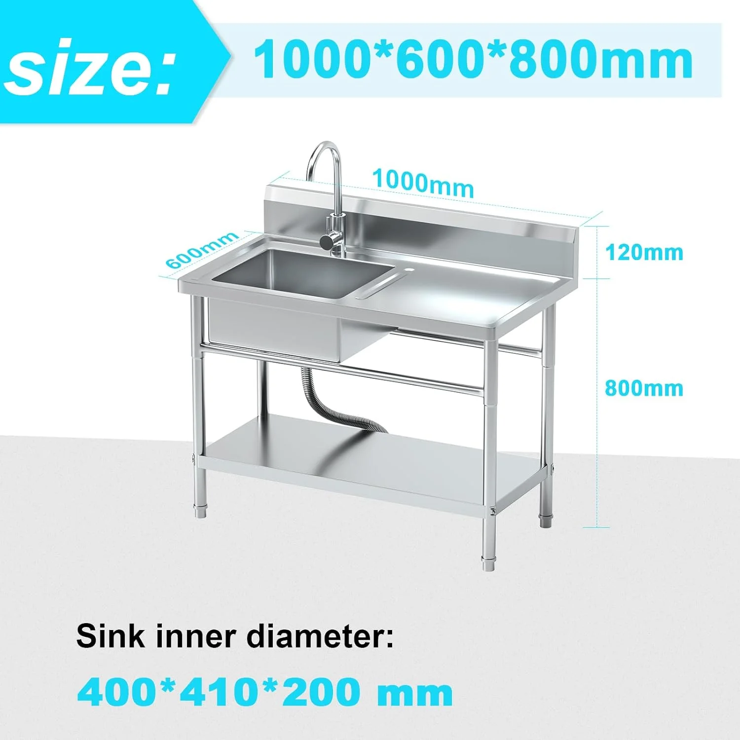 Stainless Steel Utility Sink kitchen Sink Free Standing Single Plumbing Workbench Storage Commercial Sink