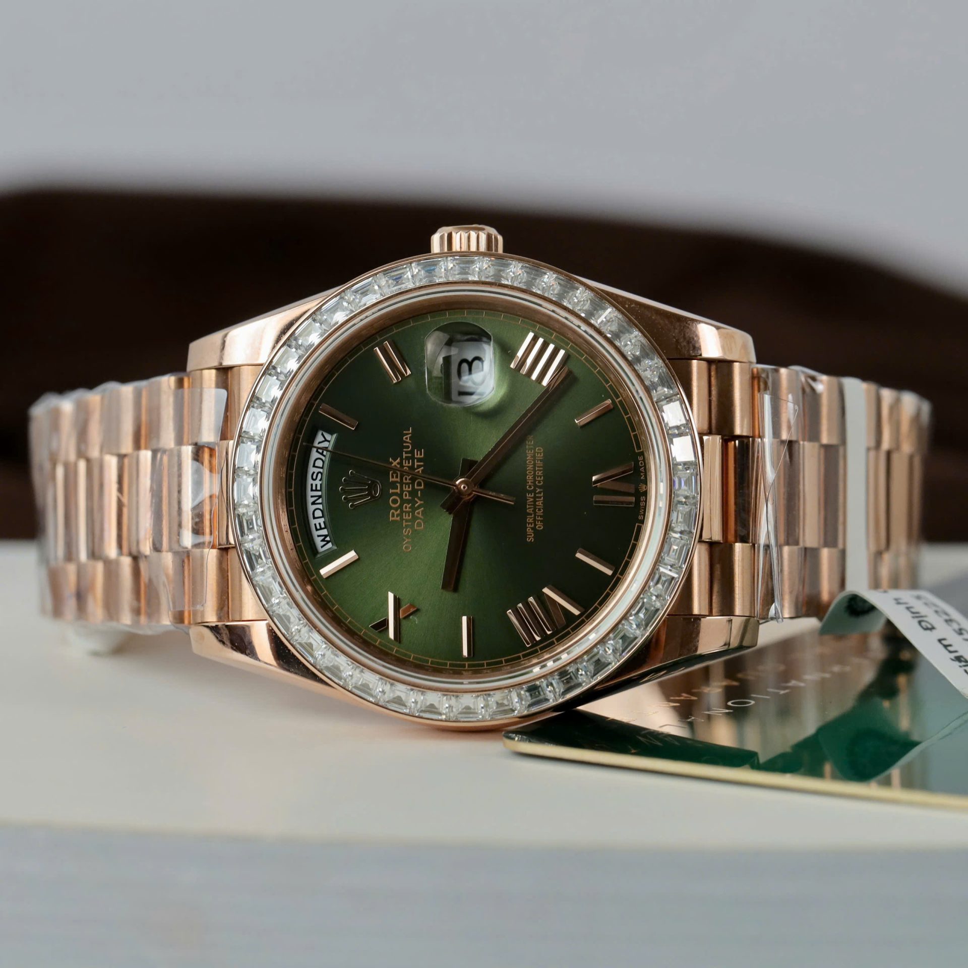 Rolex Day-Date Geen Dial Copies Watches Gold Wrapped + Diamonds Moissanite Baguette 40mm - Elite Watch Atelier