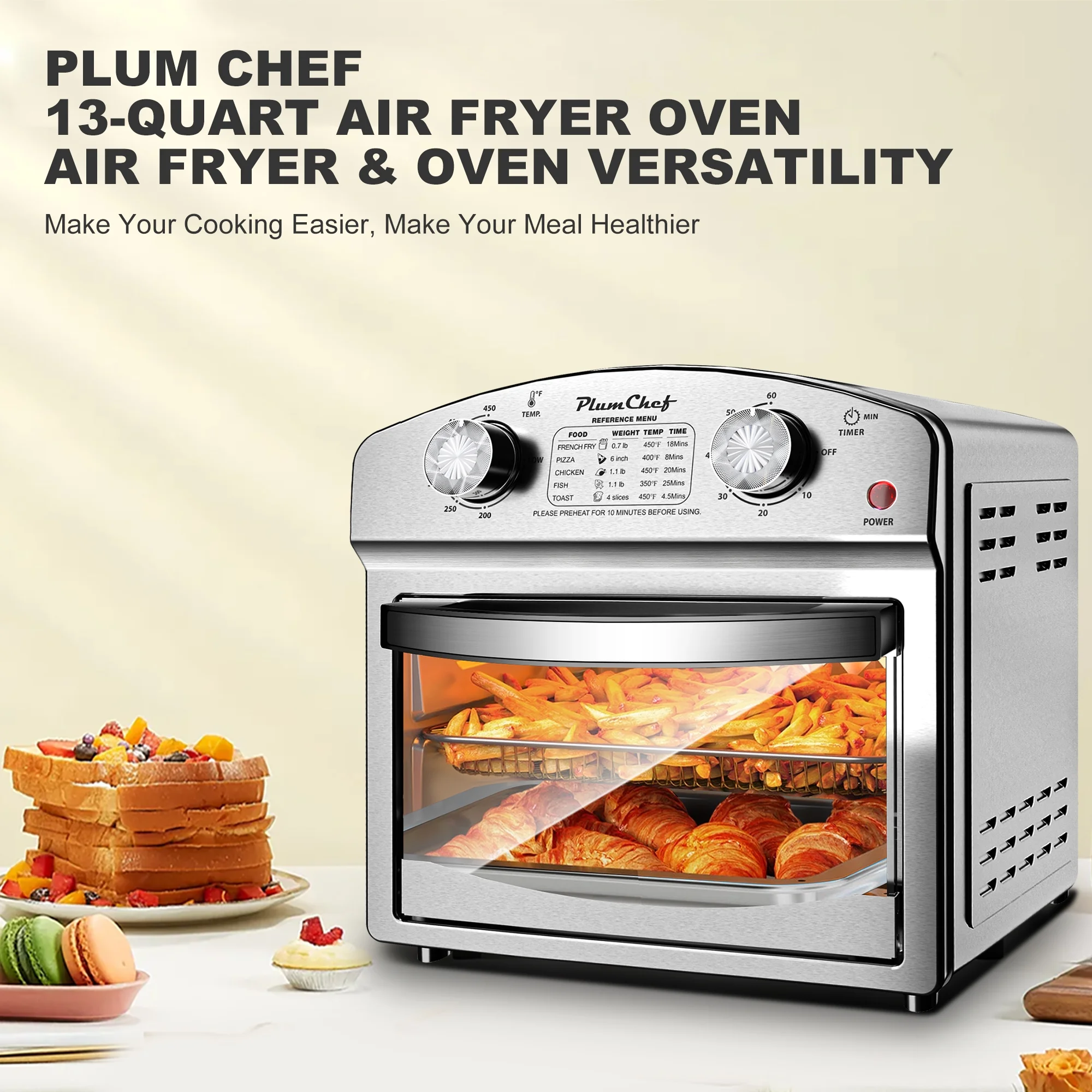 PlumChef 13 Quart 4 Slices Air Fryer Convection Toaster Oven, 1500W, 7 in 1 Multifunction with Roast, Bake, Grill, Broil, Toast, Dehydrate, Defrost, Stainless Steel