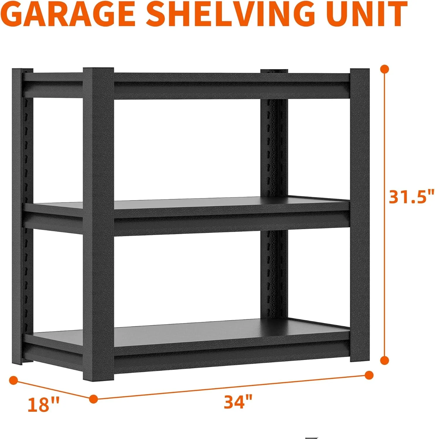 3-Tier Adjustable Garage Shelving, Easy to Install, Heavy Duty Garage Storage Shelves Organizer for Garage, Kitchen, 34