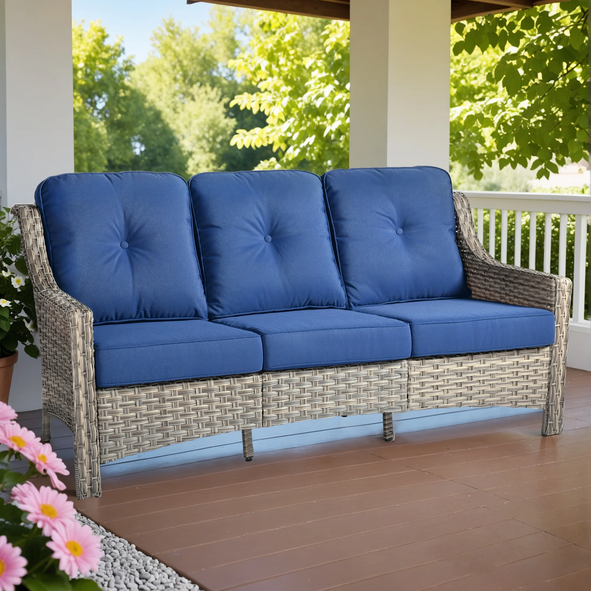 Ovios Outdoor Patio Sofa 3-Seater with Cushions All-Weather Wicker Rattan Couch for Garden, Porch, or Backyard - Image 15
