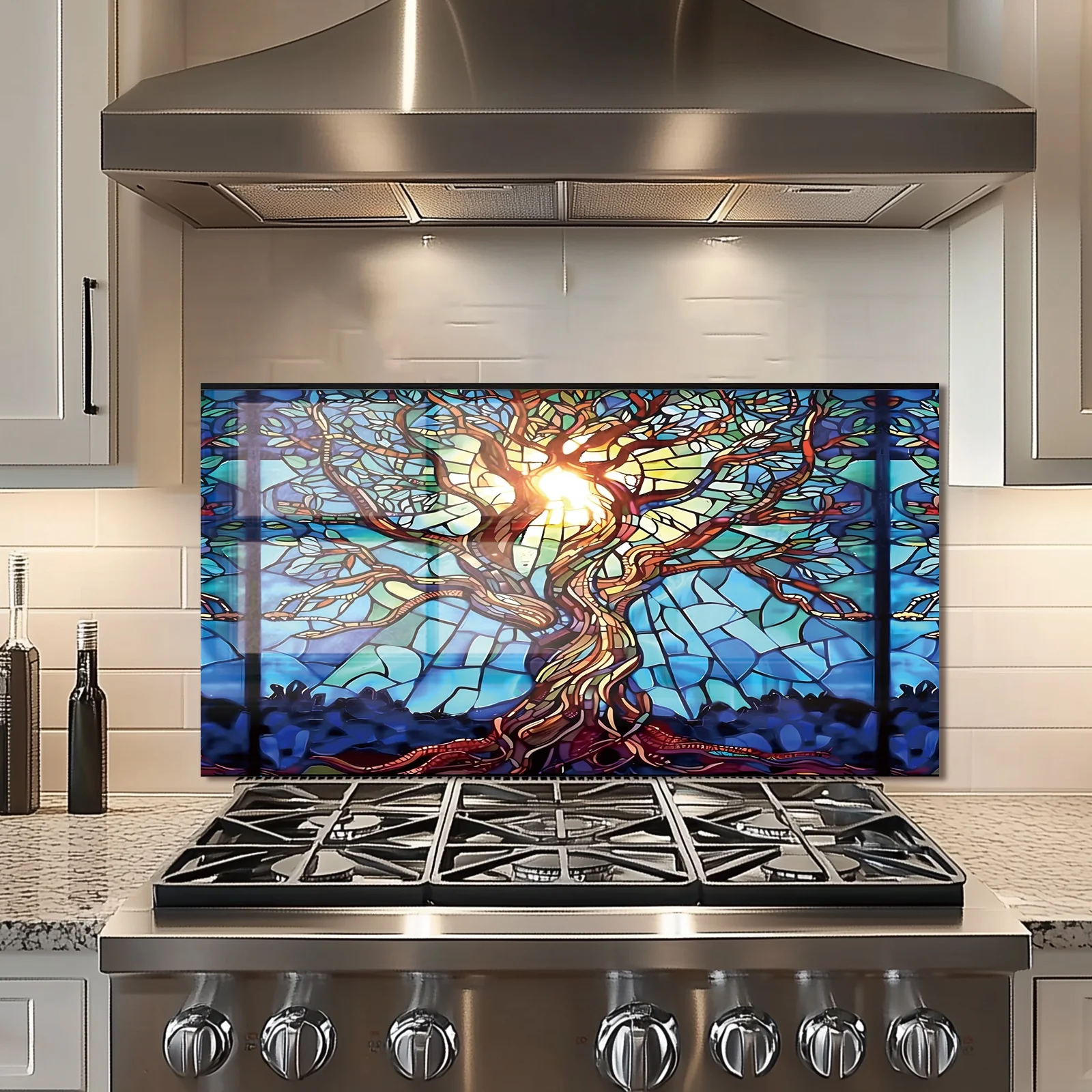 Mosaic Tree of Life Tempered Glass Backsplash For Kitchen Behind Stove,Stove Back Top Cover,Easy to Clean Glass Splashback, Sink Cover Splash Guard,Home Kitchen Wall Decor - Image 7
