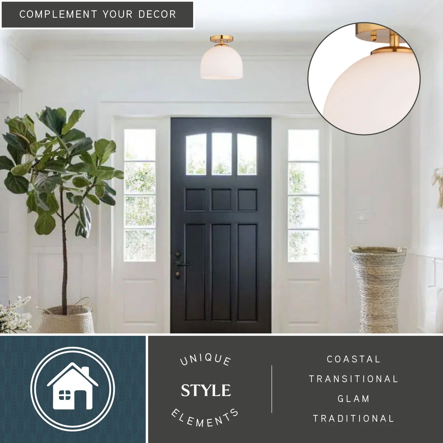 Shelby 9.25-in W Gold Brass Transitional Semi Flush Mount Ceiling Light White Glass