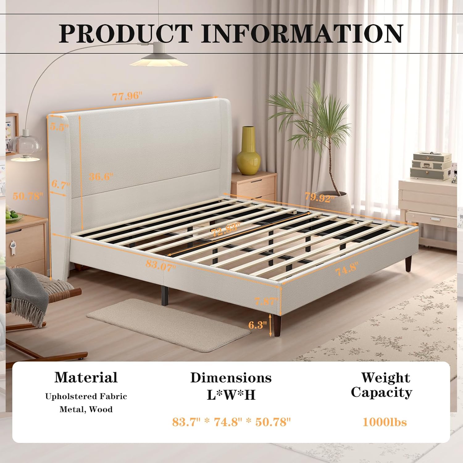 King Size Platform Bed Frame,Upholstered Bed Frame with Wing Side Headboard,Chenille Fabric,Strong Wooden Slat Support, No Box Spring Needed, Easy Assembly, Noise-Free,50.78
