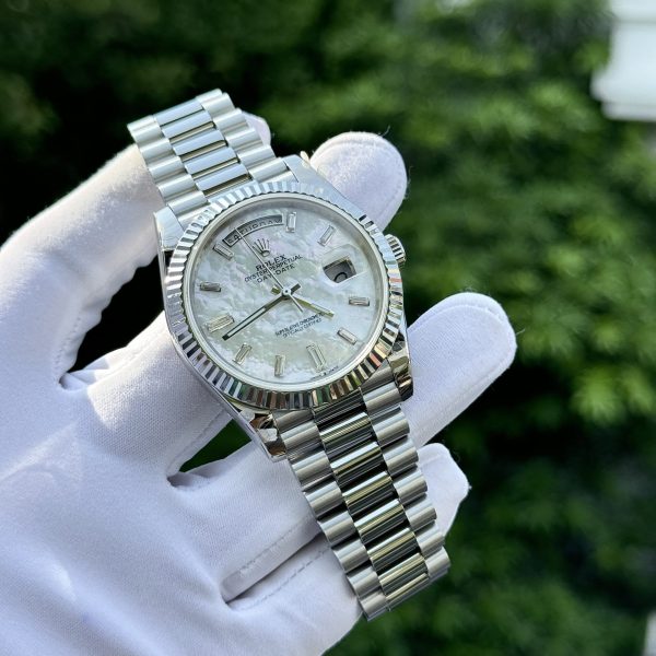 Rolex Day-Date Replica Watch Custom Mother Of Pearl   Moissanite Diamonds Baguetee 40mm - Elite Watch Atelier