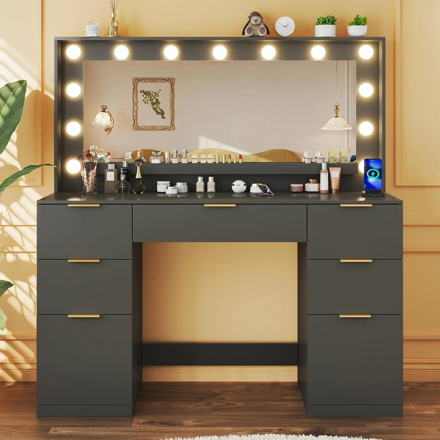Fixwal Vanity Desk, 45.3in Makeup Vanity with 7 Drawers & Large Mirror, Black Vanity Desk for Bedroom - Image 3 Fixwal Vanity Desk, 45.3in Makeup Vanity with 7 Drawers & Large Mirror, Black Vanity Desk for Bedroom - Image 3