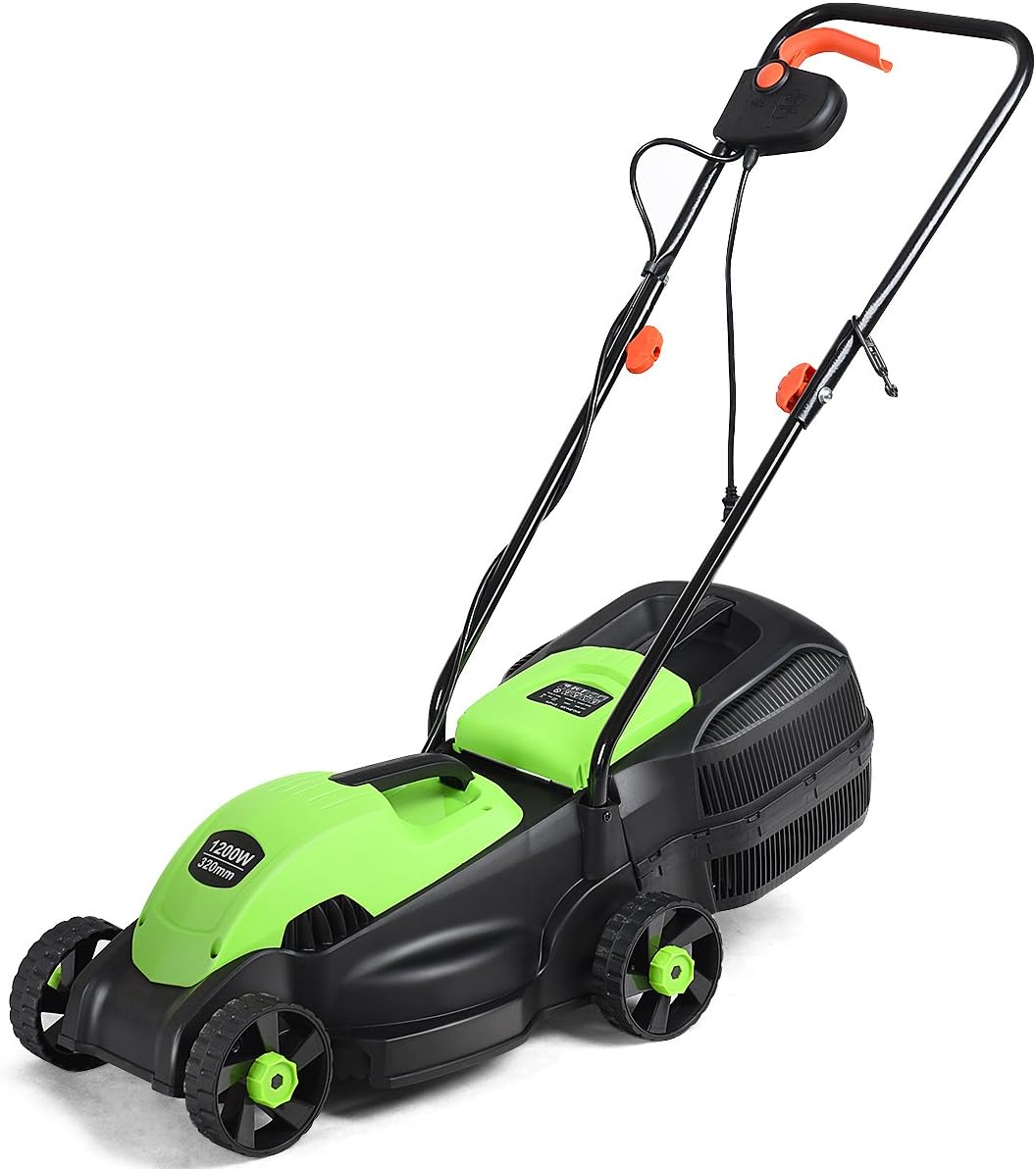 Goplus Lawn Mower, 13 Inch 2-in-1 Electric Lawn Mower with Grass Collection Bag, Folding Handle, Adjustable Cutting Height, Corded Push Lawn Mowers for Garden Yard, 12 Amp (Green)