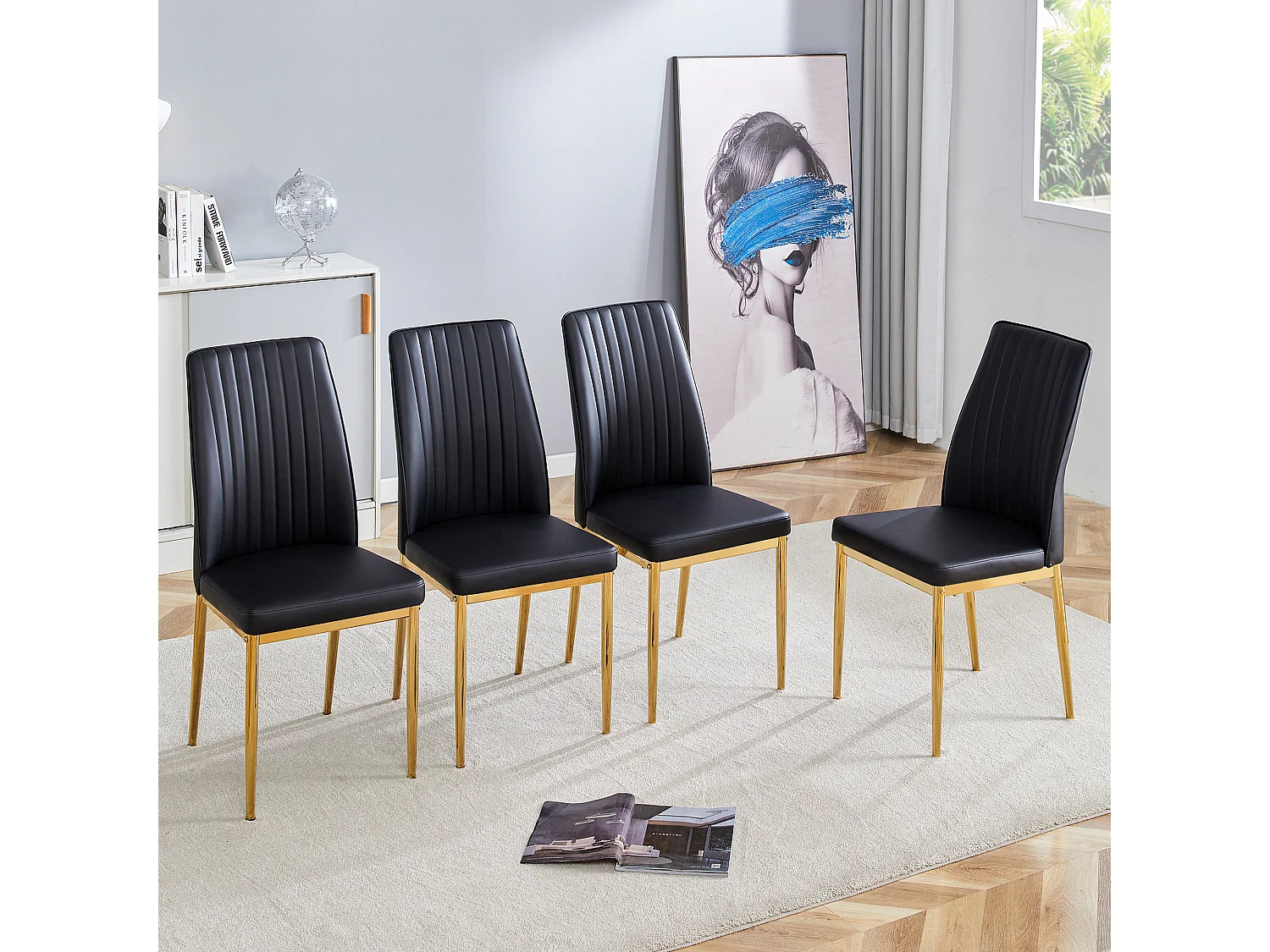Lot de 4 chaises simili cuir PU noir- Pieds métal doré - Motif à rayures verticales