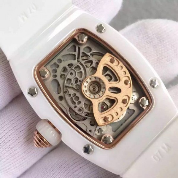 Replica Richard Mille RM 007-01 Lady SS Diamonds Red Dial RG White Rubber Strap 6T51 - Top club