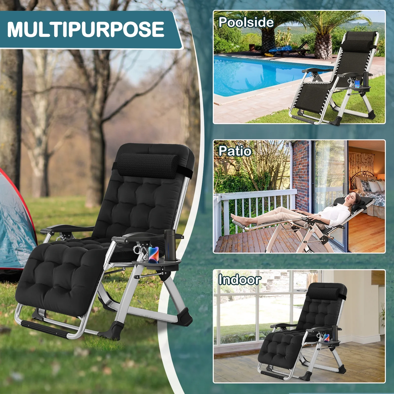 NAIZEA Zero Gravity Chair with Removable Cushion and Cup Holder Black - Image 40