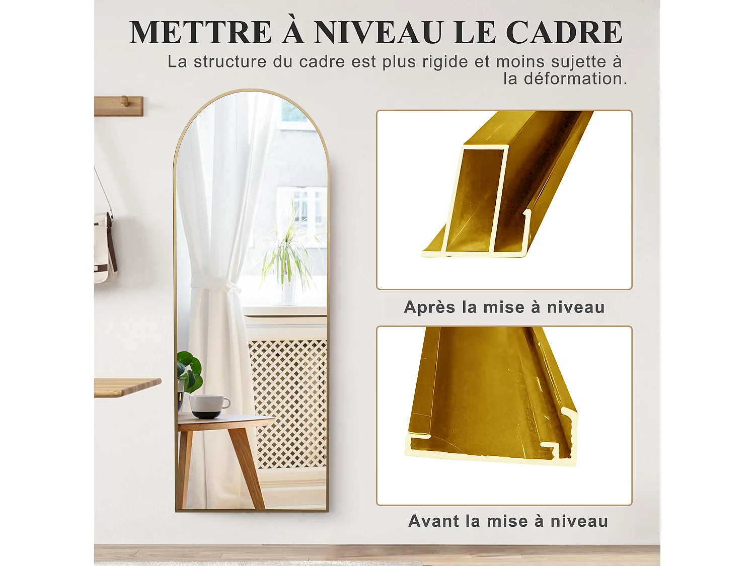 Miroir sur pied incurvé 164 x 54 cm - cadre en alliage d'aluminium - verre trempé - grand format - or