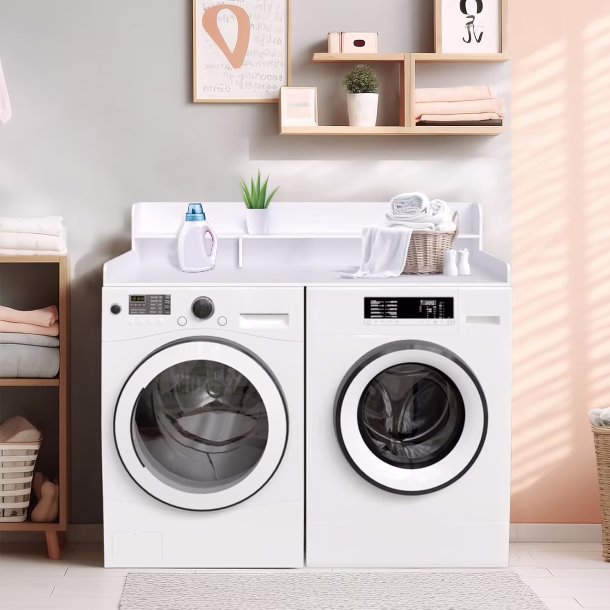 Modern Washer Dryer Countertop with 2-Tier Shelf,Laundry Room Countertop Organization Storage with 2.75" H Guard Edge Rails,Non-Slip Pad,Waterproof and Easy to Clean,54"W x 27.55"D,Natural Wood - Image 5