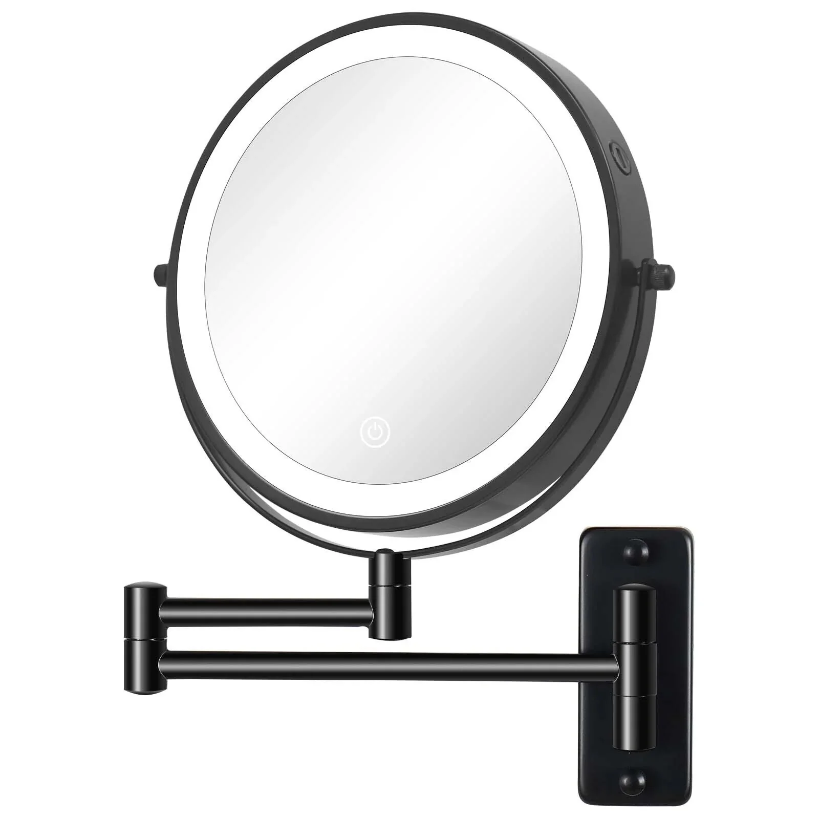 8 Inch Round Wall-Mounted Makeup Mirror, Rechargeable, 1X/10X Magnification, 3-Color LED Lights