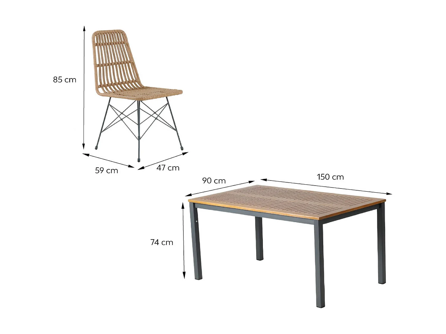 Salon de jardin 6 places avec table en bois naturel et chaises en résine tressée BAGO