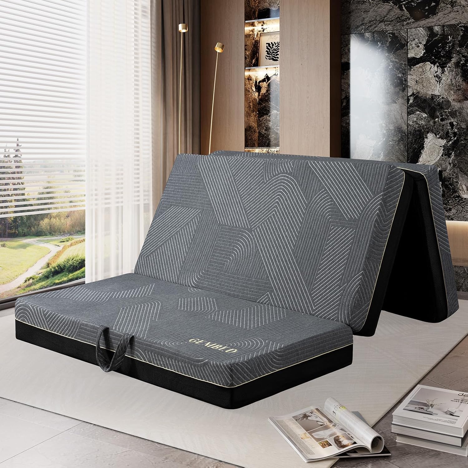 Tri Folding Mattress Queen Size - Memory Foam Tri-fold Handle & Non-Slip Bottom, Portable Foldable Sofa Bed Floor Chair for Travel RV Camping Guest Yoga - 6 Inch, 78
