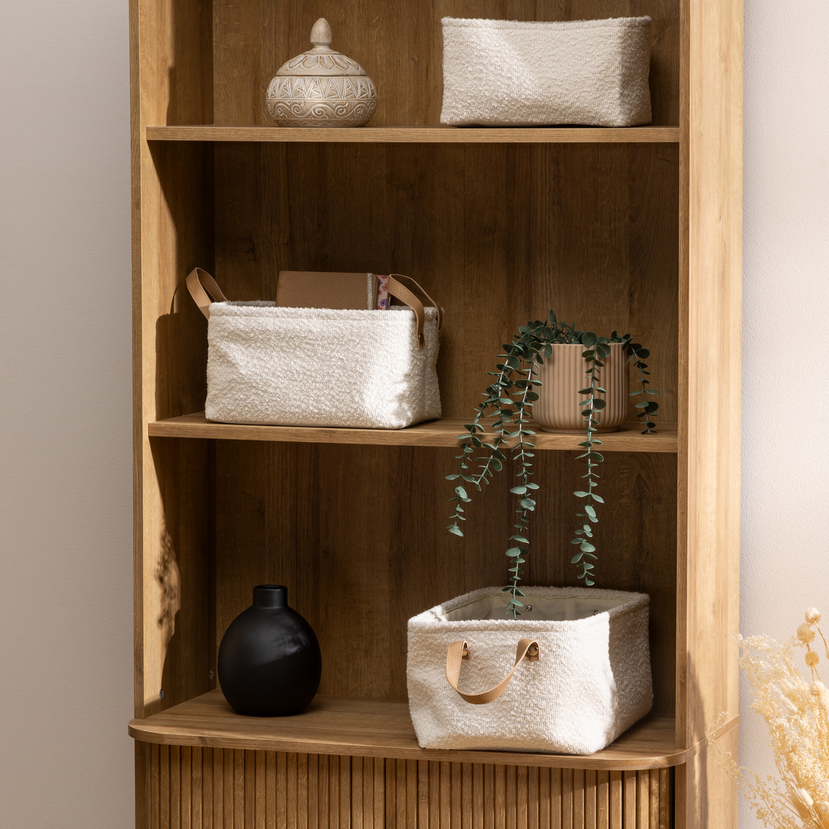 3 baskets "Loe" Boucl&eacute;, White, L.27/30/35 cm