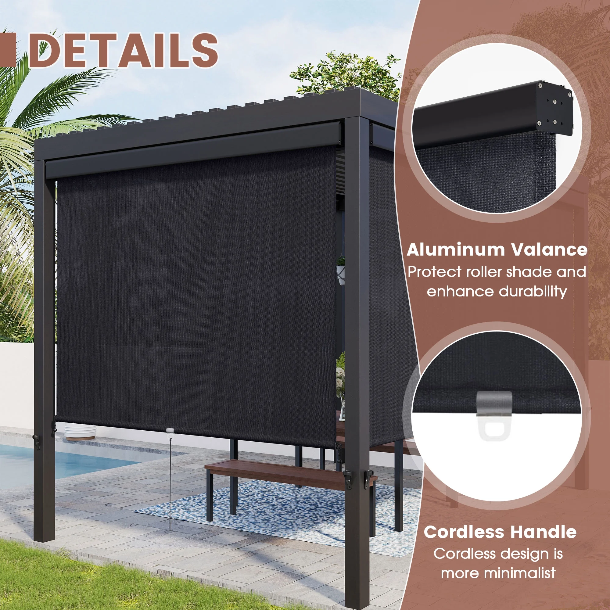 Vicllax Outdoor Patio Blinds Sun Shades Spring Roller Shade with Valance for Patio, Gray, 8'Wx8'H - Image 13