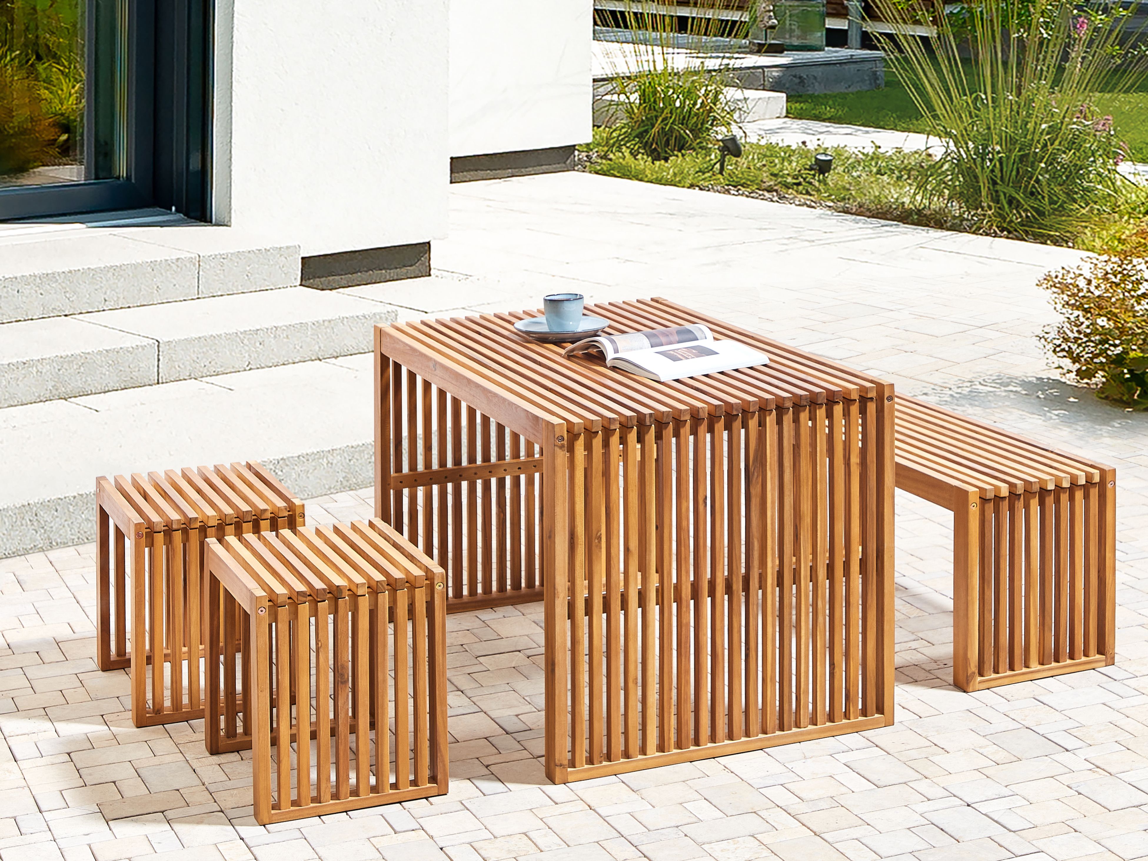 Garden Dining Set with Benches and Stools 4 Seater BELLANO Acacia Wood Brown