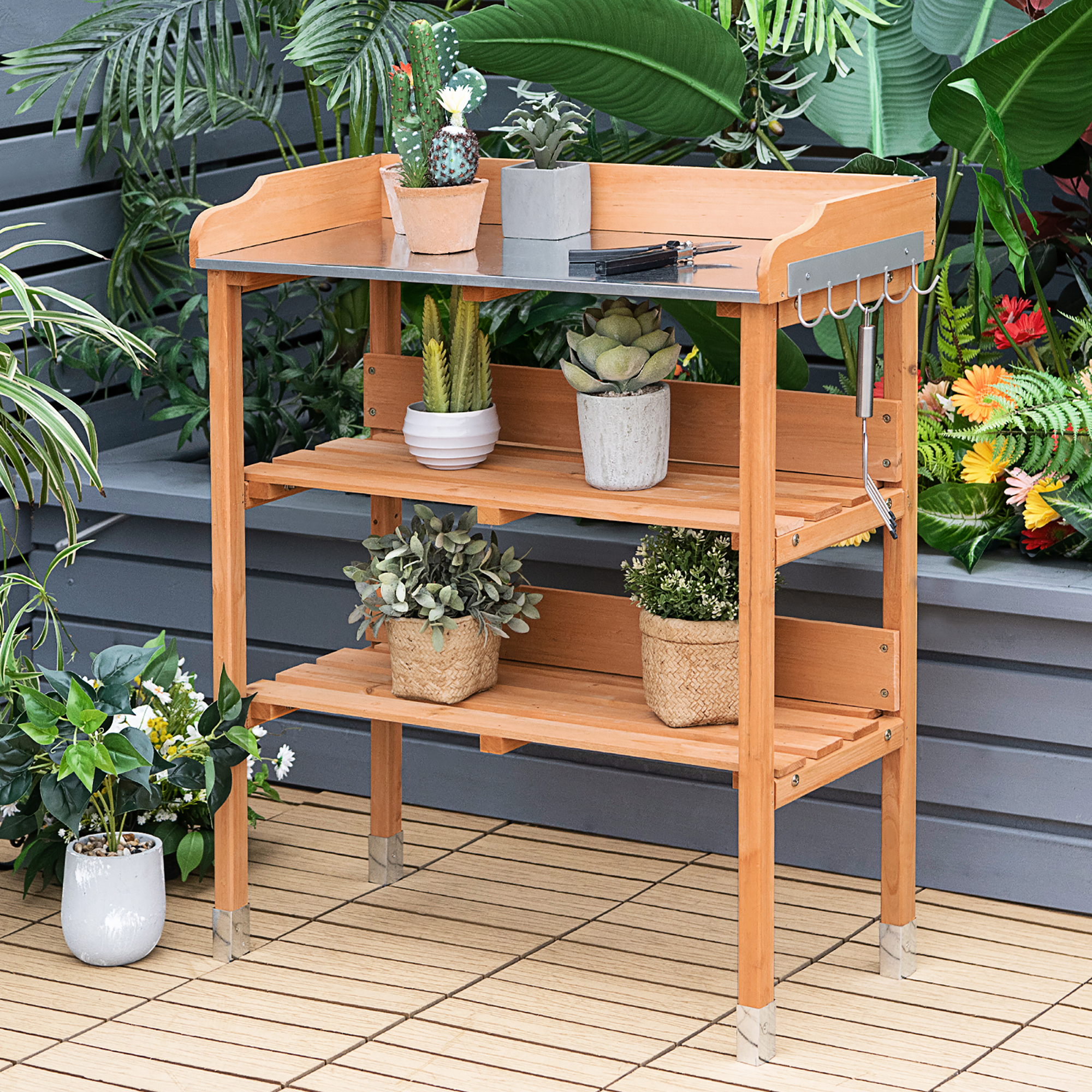 Costway Garden Wooden Potting Bench Work Station Table Tool Storage Shelf W/Hook