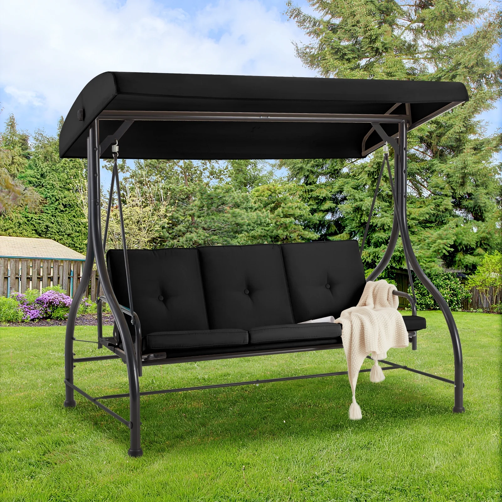 AECOJOY 3 Person Canopy Steel Porch Swing, Converting Swing Glider Hammock-Beige - Image 35