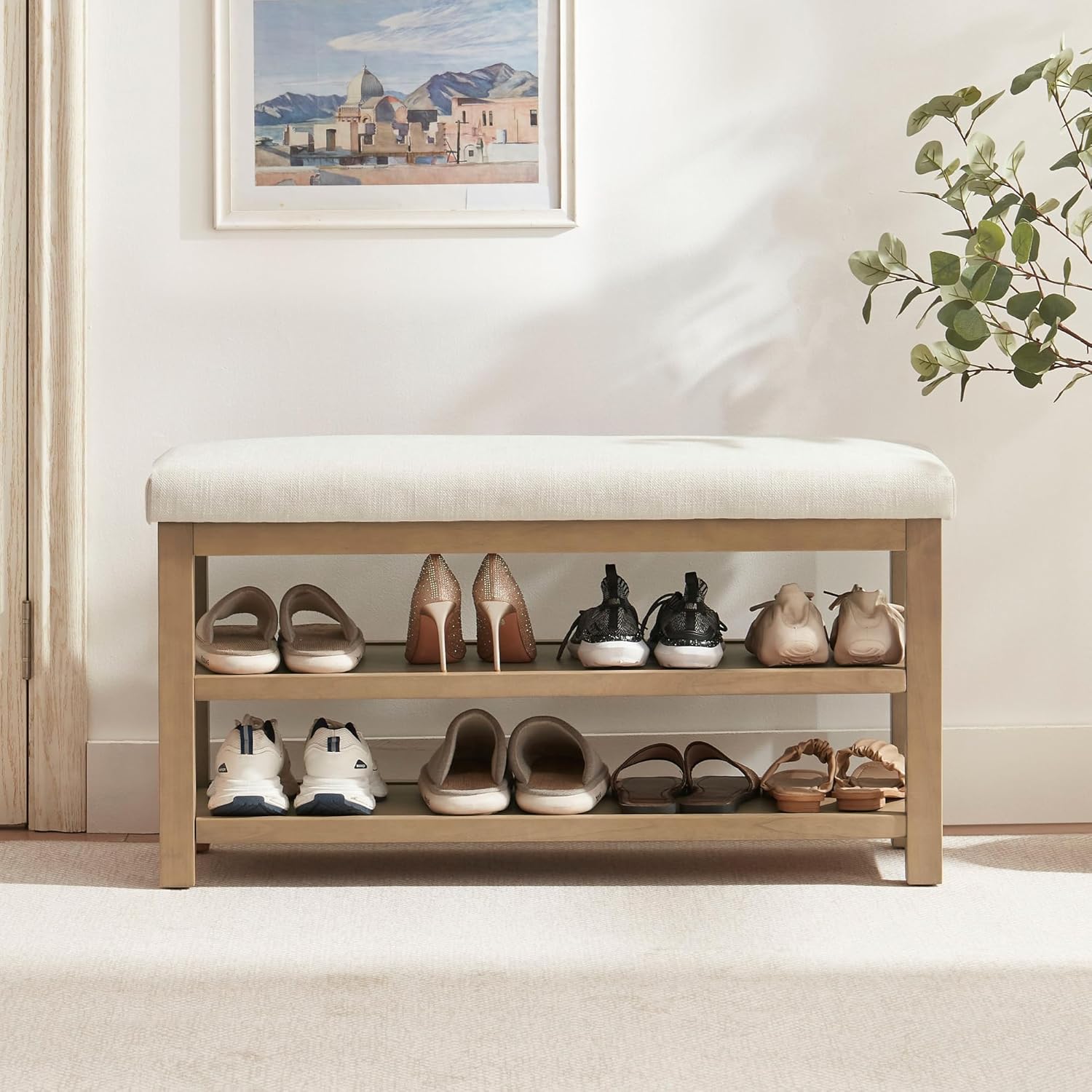 2 Tier Shoe Rack Bench with Cushion, Solid Wood Shoe Benches, Mid-Century Modern Shoe Storage Bench for Entryway, Hallway, Living Room, Closet, Front Door Entrance, (Beige, 39.4